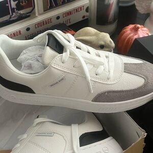 Michael Kors White Leather Low-Top Sneakers with Gray Suede and Black Heel